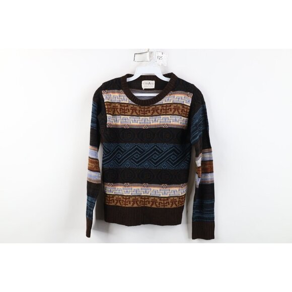 Vintage 70s Streetwear Womens XS Knit Fair Isle Crewneck Sweater Earth Tone - Picture 1 of 12
